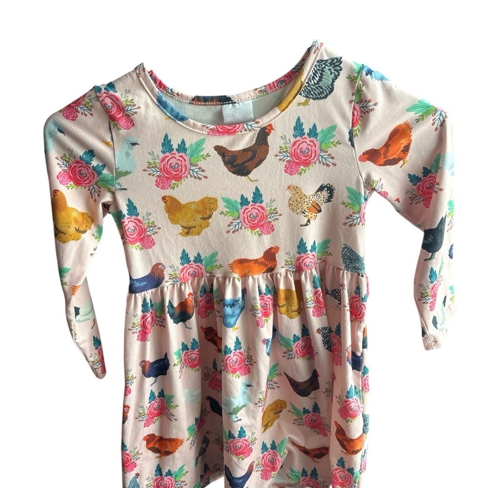 Floral and Chicken Print Kids Dress - Picture 3 of 6